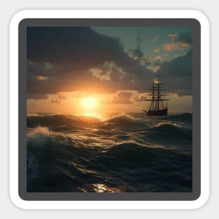 Beautiful sunset over the sea, an old ship sails Sticker